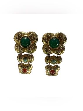 1980s Christian Dior Etrustcan Clip Regal Glass Stone Statement Runway Earrings